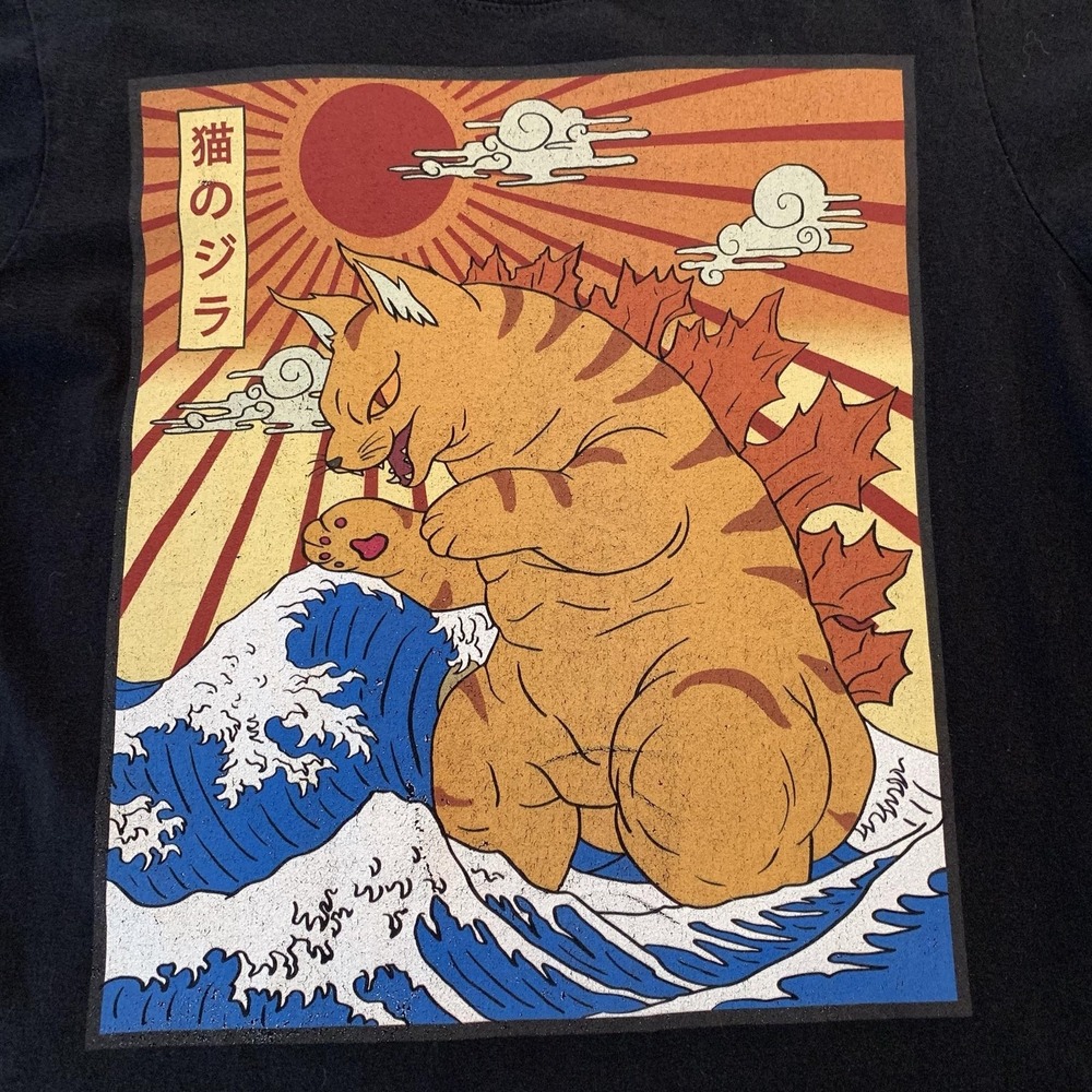 Port & Company Shirt Womens 2XL Black Cat Godzilla Japanese Graphic Tee Art